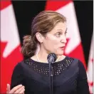  ?? Canadian Press photo ?? Foreign Affairs Minister Chrystia Freeland speaks to the media as she arrives for the first day of a cabinet retreat in London, Ontario on Thursday.
