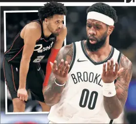  ?? USA Today Sports; AP ?? ROYCE ROLLS: Royce O’Neale looks at his hands after hitting a 3-pointer in the Nets’ 118-112 win over Cade Cunningham (inset) and the Pistons, who lost their 27th straight game, an NBA single-season record.