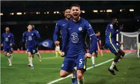  ?? Photograph: Darren Walsh/Chelsea FC/Getty Images ?? Jorginho celebrates after scoring Chelsea’s winner – and his second penalty – to give his side a 3-2 home victory over Leeds.