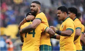  ??  ?? Filipo Daugunu celebrates with Lukhan Salakaia-Loto after scoring a try in Wellington. Photograph: Kai Schwörer/Getty Images