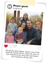  ??  ?? Die(groot) gesin Meyer.
Agteris(van links) Elijah (8),Annike (10) en Josiah (6).Voorsit (van links) Roné (4),
Anja (36) met Gideon (22maande) en Rohan(
37).