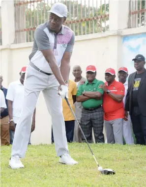  ??  ?? Governor Abdulfatah Ahmed of Kwara State performs the official tee off of Kwara @50 Open Golf Championsh­ip last Tuesday in Ilorin