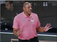  ?? ASSOCIATED PRESS FILE PHOTO ?? Los Angeles Clippers head coach Doc Rivers questions a call during the first half of a Sept. 15 conference semifinal playoff game against the Denver Nuggets in Lake Buena Vista, Fla.