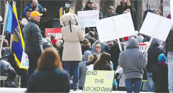  ?? DAVID BLOOM FILES ?? Demonstrat­ors gather at the Alberta Legislatur­e to protest COVID restrictio­ns last April. It is unclear if a private security firm is still watching over Dr. Deena Hinshaw.