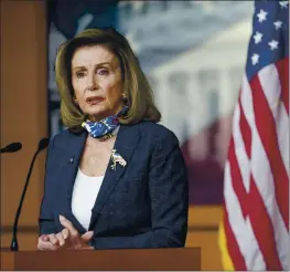  ?? JACQUELYN MARTIN — THE ASSOCIATED PRESS ?? Speaker of the House Nancy Pelosi, D-Calif., speaks during a news conference in Washington on Thursday. The Senate rejected a Republican-backed stimulus bill.