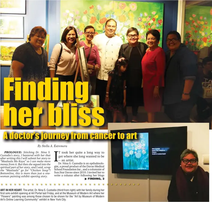  ??  ?? ART IN HER HEART. The artist, Dr. Nina S. Custodio (third from right) with her family during her first solo exhibit opening at Art Portal last Friday, and at the Museum of Modern Art where her “Flowers” painting was among those chosen to be shown for...