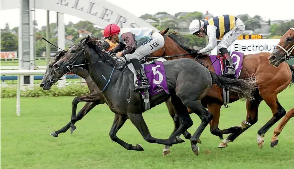  ?? SUPPLIED ?? On The Rocks (5, Jake Bayliss) bursts into Derby calculatio­ns with a hard-fought Avondale Guineas win.