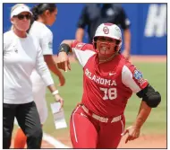  ?? (AP/Alonzo Adams) ?? Oklahoma’s Jocelyn Alo (78) celebrates on the way to home plate after hitting a home run Saturday during the Sooners’ 7-2 victory over the Texas Longhorns in a winner’s bracket game at the Women’s College World Series in Oklahoma City.