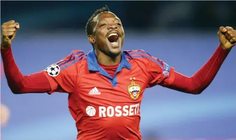  ??  ?? Super Eagles striker, Ahmed Musa celebrates after scoring for CSKA Moscow.