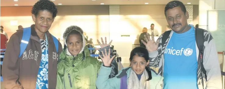  ?? Photo: ?? Rejeli Tinai, Timoci Naulusala, Shalvi Sakshi and Surendra Raj at the Nadi Internatio­nal Airport on November 07, 2017.