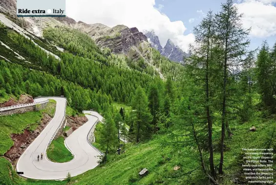  ??  ?? The hairpins come with increasing frequency on the upper slopes of the Passo Rolle. The twisty road offers 360° views, and beyond the tree line the towering grey rock faces are a mesmerisin­g sight