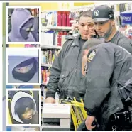  ??  ?? WANTED: Police examine a Queens Dollar General hit by armed thugs last month. Cops released these images of three suspects (insets).