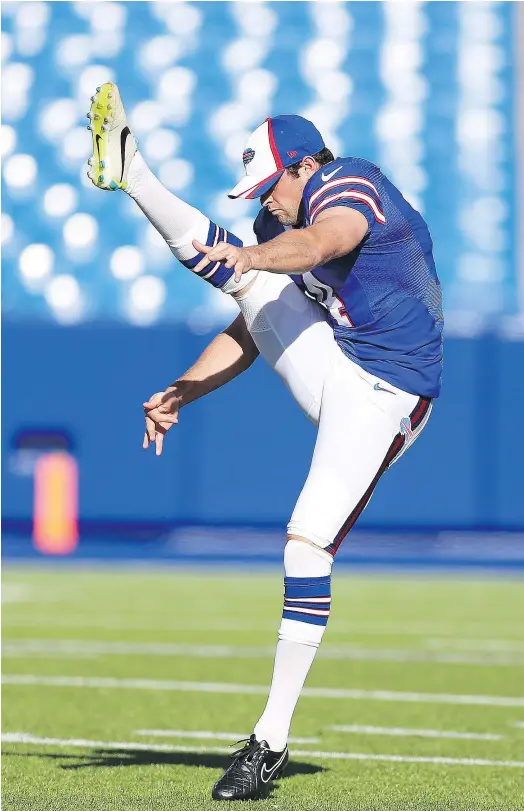  ?? — GETTY IMAGES FILES ?? Buffalo punter Jordan Gay says kickers around the NFL are intrigued by the possibilit­y of delivering a point to their team if they boot the ball over the crossbar and through the uprights on any kickoffs.