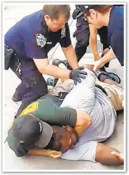  ?? 2020. ?? The chokehold that Officer Daniel Pantaleo applied during arrest of Eric Garner in 2014, killing him. Top, Garner’s mother, Gwen Carr, at protest against the police killing of another Black man, George Floyd, in