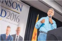  ?? ROBERTO E. ROSALES/JOURNAL ?? Libertaria­n Party presidenti­al nominee and former New Mexico governor Gary Johnson takes the stage at the Albuquerqu­e Convention Center during a campaign rally Saturday.
