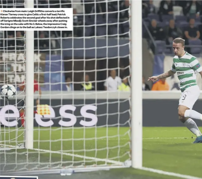  ??  ?? 3 Clockwise from main: Leigh Griffiths converts a terrific Kieran Tierney cross to give Celtic a first-half lead; Patrick Roberts celebrates the second goal after his shot deflected in off Serigne Mbodji; Scott Sinclair wheels away after putting the...