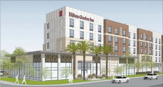  ?? ARCHITECTS ORANGE, WESTLAKE URBAN ?? North San Jose could land a new five-story Hilton Garden Inn hotel that would serve the airport area, joining a growing number of projects in progress that cater to business travelers.