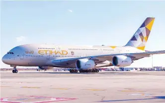  ??  ?? Etihad Airways’ inaugural A380 flight arrives from Abu Dhabi at New York’s John F. Kennedy Internatio­nal Airport on 23 November 2015. New York marks the first US destinatio­n for Etihad Airways’ network of Airbus 380 destinatio­ns.