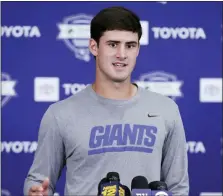  ?? FRANK FRANKLIN II — THE ASSOCIATED PRESS ?? New York Giants’ quarterbac­k Daniel Jones responds to questions during a news conference Thursday, in East Rutherford, N.J.