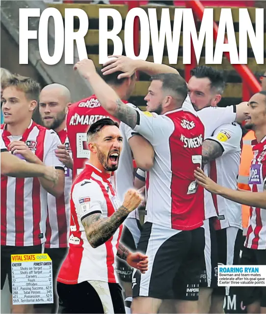  ??  ?? ROARING RYAN Bowman and team-mates celebrate after his goal gave Exeter three valuable points