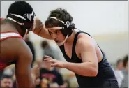  ?? AUSTIN HERTZOG - MEDIANEWS GROUP ?? Boyertown’s Cooper Gardner grapples with Owen J. Roberts’ Christian Gregory during the 285-pound final at the District 1-3A North tournament on Feb. 25at Perkiomen Valley.