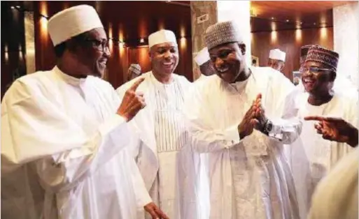  ??  ?? President Buhari, Senator Saraki and Hon. Dogara after a meeting at the Presidenti­al Villa, Abuja