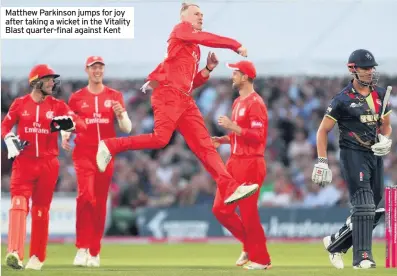  ??  ?? Matthew Parkinson jumps for joy after taking a wicket in the Vitality Blast quarter-final against Kent
