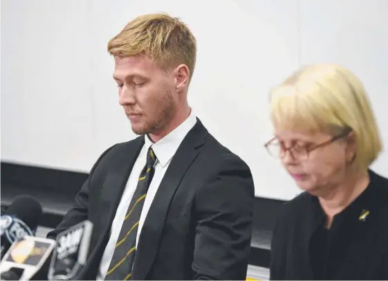  ?? Picture: KYLIE ELSE ?? A remorseful Richmond player Nathan Broad and club president Peggy O’Neal face the heat at a media conference yesterday.