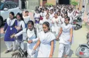  ?? HTPHOTO ?? Students coming out after appearing in the UP Board exam in Bareilly on Monday.