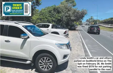  ?? ?? Linda Smith’s car and others parked on SeaWorld Drive on The Spit on February 26. Ms Smith was fined $179 for not parking parallel to the road.