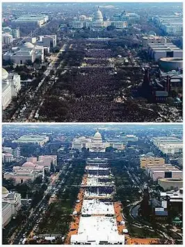  ?? AP ?? This pair of photos shows a view of the crowd on the National Mall at the inaugurati­ons of Obama (above), and Trump (below). The photo above and the screengrab below were both shot shortly before noon from the top of the Washington Monument.