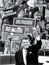  ?? CHICAGO TRIBUNE 1980 ?? Ronald Reagan, seen receiving the GOP nomination, used humor and poetic rhetoric to maintain an optimistic mien.