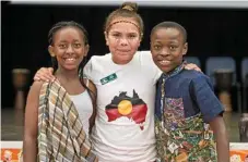  ??  ?? After addressing the assembly are (from left) Mary Inkindi, Adams and Enock Mukeba on Harmony Day celebratio­ns. Evie