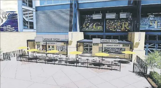  ??  ?? An artist rendering of the outdoor venue the Steelers are planning that will serve food and beverages. It is part of $2.5 million renovation to the Pub 33 space inside the FedEx Great Hall at Heinz Field.