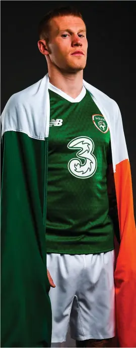  ?? STEPHEN MCCARTHY/SPORTSFILE ?? James McClean wraps himself in an Ireland flag for a portrait at the Ireland team hotel in Castleknoc­k yesterday