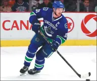  ?? JEFF VINNICK / NHLI VIA GETTY IMAGES ?? Henrik Sedin, captain of the Vancouver Canucks, expects high intensity — including plenty of hitting — in next month’s NHL China Games against the Los Angeles Kings.