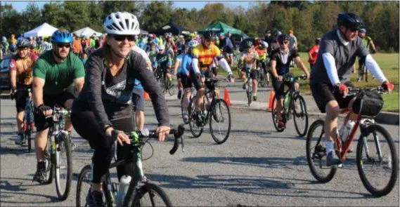  ?? PHOTOS COURTESY OF MIICA PATTERSON ?? Hundreds of cyclists start from Circle of Progress Drive in Pottstown as they participat­e in the 3rd Annual Ride for the River on Sept. 29. The cycling event had a 16-mile and 40-mile option along the Schuylkill River Trail.