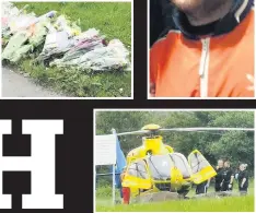  ??  ?? Kristian Johnson, top, tributes left at the scene of his death, above left, and an air ambulance at the scene of the other crash on Pennine Road, above