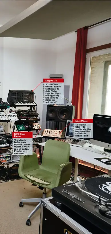  ??  ?? NWS Chaos Engine “Five buttons for five free tunable oscillator­s. Can either be played by hand or set to self-oscillate. It’s perfect for drone sounds.” Korg MS-10 “It’s one of those machines I would not want to miss in the studio. I’ll either trigger...