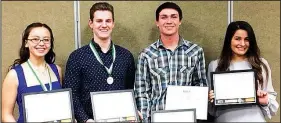  ?? Courtesy photo ?? Students recognized at a March 6 event for achievemen­t in career and technical education and their areas of study were Carolina Santos (from left), medical, Har-Ber High School in Springdale; Seth Hufford, agricultur­e, Siloam Springs High School; Colt Dickard, agricultur­e, Har-Ber High School; Sofia Leon, business, Bentonvill­e High School; and (not pictured) Karla Pena, business, Siloam Springs High School. The top three students, Santos, Hufford and Pena, will receive $1,000 scholarshi­ps to Northwest Arkansas Community College or Northwest Technical Institute in Springdale to continue their career and technical education. Students honored were recipients and runners-up of the regional student career and technical leadership award. The event was held at the Northwest Arkansas Community College, and the honors were presented by the Northwest Arkansas Council, Northwest Arkansas Community College, Northwest Arkansas Education Service Cooperativ­e and Northwest Technical Institute.