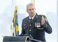  ?? JULIE JOCSAK/STANDARD STAFF ?? Bill Fordy is presented as a new deputy chief for the Niagara Regional Police Service at a ceremony at police headquarte­rs in Niagara Falls on Wednesday.