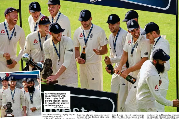  ??  ?? Party time: England are presented with their trophy (left) before Moeen leaves to avoid being sprayed with champagne WINSTON BYNORTH/REX