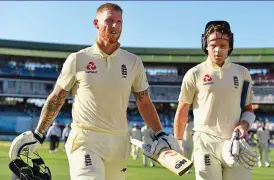  ??  ?? Dynamic duo: Ben Stokes and Ollie Pope run well between the wickets (top) during an unbroken stand of 76; and the pair reflect on a job well done as they leave the field (above) at the close. England finished on 224-4 and, if they kick on with the bat today, have a great chance of putting South Africa under pressure and pushing for victory in the crucial third Test. That’s the plan, anyway!