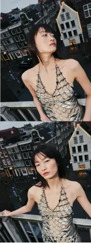  ??  ?? Yi wears a dress from the spring ready-to-wear 2016 Quaquavers­al collection. Opposite page: Fedde wears a dress from the spring couture 2017 Between the Lines collection, Yi wears the Hypertube pannier dress from the spring couture 2020 Sensory Seas collection