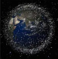  ?? (Visuel ESA) ?? Si la taille des débris a été amplifiée, ce visuel donne une idée de « l’embouteill­age » formé en orbite.