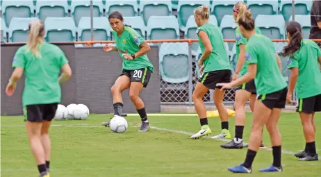  ?? (AFP) ?? A file photo dated February 27, 2019, shows striker Sam Kerr (second from left) of Australia's women's team at a training session at Leichhardt Oval in Sydney, Australia