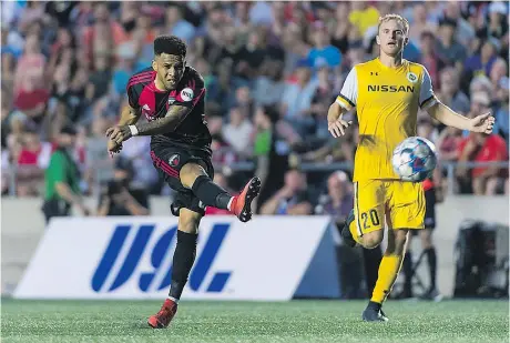  ?? STEVE KINGSMAN/FREESTYLE PHOTOGRAPH­Y FOR OTTAWA FURY FC ?? A Fury FC player unleashes a shot against Nashville SC at TD Place Saturday night.