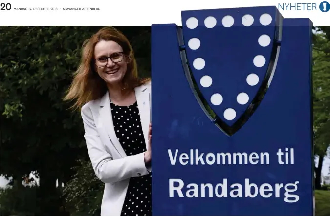  ?? MANDAG 17. DESEMBER 2018
JONAS HAARR FRIESTAD
·
STAVANGER AFTENBLAD ?? Randaberg kommune var het kandidat for sammenslåi­ng med Nye Stavanger i 2016. Kristine Enger (Ap) og flertallet sa nei. Hun synes det er altfor tidlig med en ny runde om grenser.