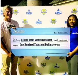  ?? CONTRIBUTE­D ?? Karl Hale (left), founder of Helping Hands Jamaica Foundation, receives a cheque valued at $100,000 from Access Financial Services Credit Officer Carla Samms, for the sixth staging of the Internatio­nal Tennis Federation Jamaica Cup tournament at the Half Moon Resort in Montego Bay.