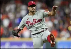 ?? ERIC GAY — THE ASSOCIATED PRESS ?? Phillies relief pitcher Brad Hand follows through on a pitch during the eighth inning in Game 2of the World Series against the Astros in Houston on Oct. 29, 2022.